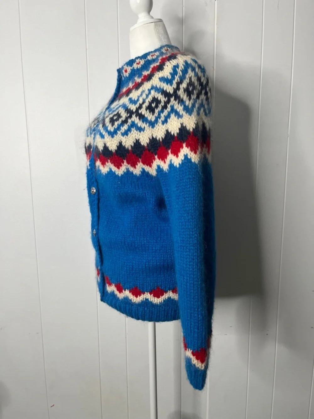 Icelandic 100% Wool Blue Fair Isle Women's Cardigan Sweater Chunky Knit Size L - Picture 4 of 7